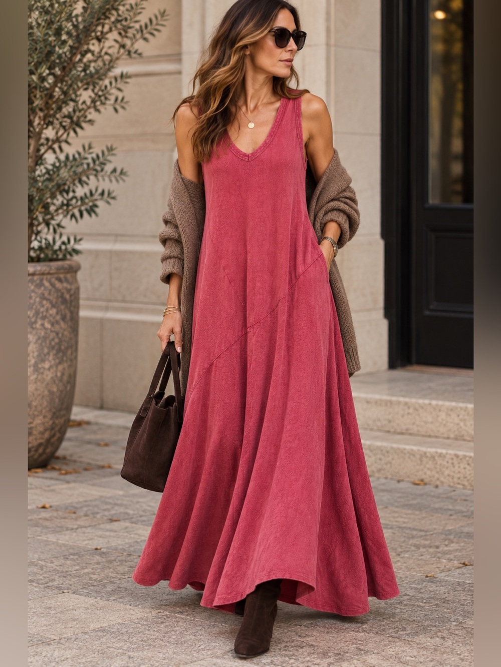 NWT Soft Surroundings Berry Pink Textured Sleeveless Maxi Dress Size M Fall Boho
